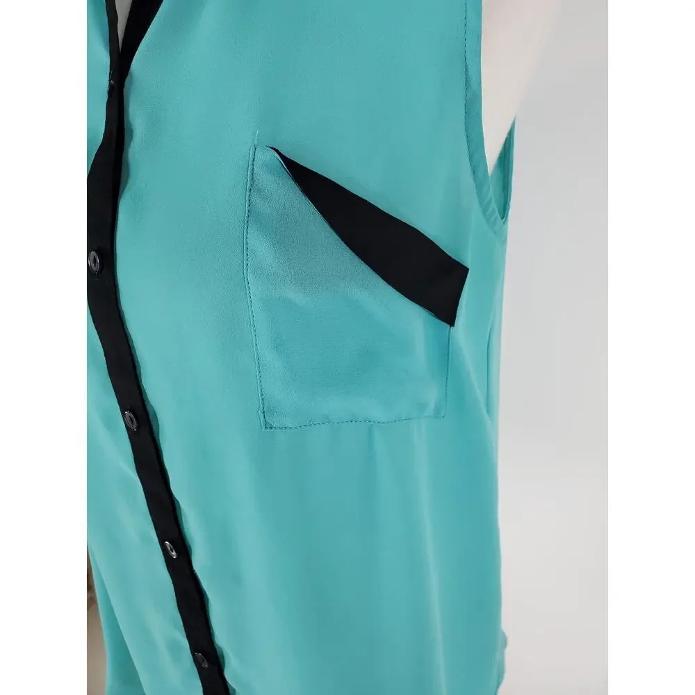 SOPRANO Women's Teal & Black Sleeveless Button Up Sheer Top w/ Rhinestones Sz M - Picture 8 of 10